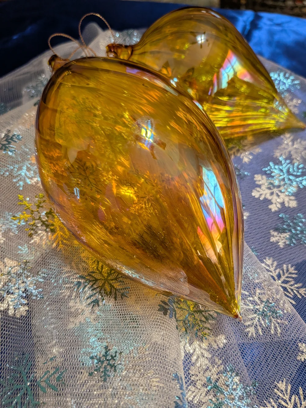 Large Amber Iridescent Art Glass Teardrop Ornament Set Of 2  6-7